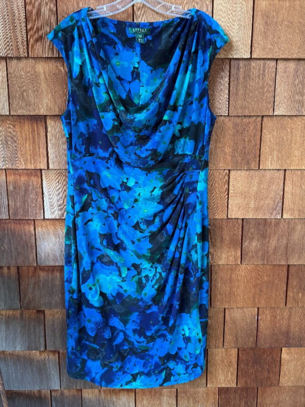 EUC Ralph Lauren Blue Abstract Print Sleeveless Drape Neckline Dress - 14W